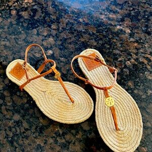 Tory Burch Tan Leather Logo Rope-Style Thong Sandals
